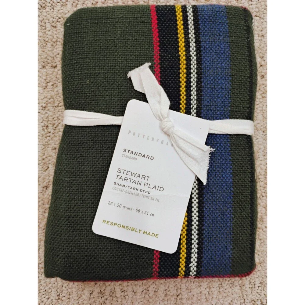 2 Pottery Barn Stewart Tartan Plaid Shams Green Standard 26x20